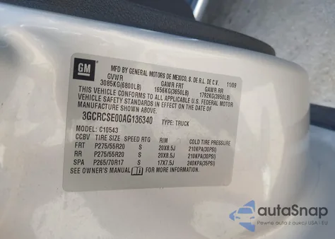 2010 Chevrolet Silverado 1500 Lt z USA, uszkodzony, nr VIN 3GCRCSE00AG136340